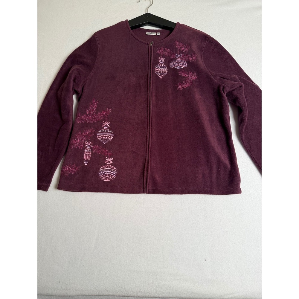 Croft & Barrow Burgundy Fleece Christmas Ornament Embroidered Zip Cardigan XL